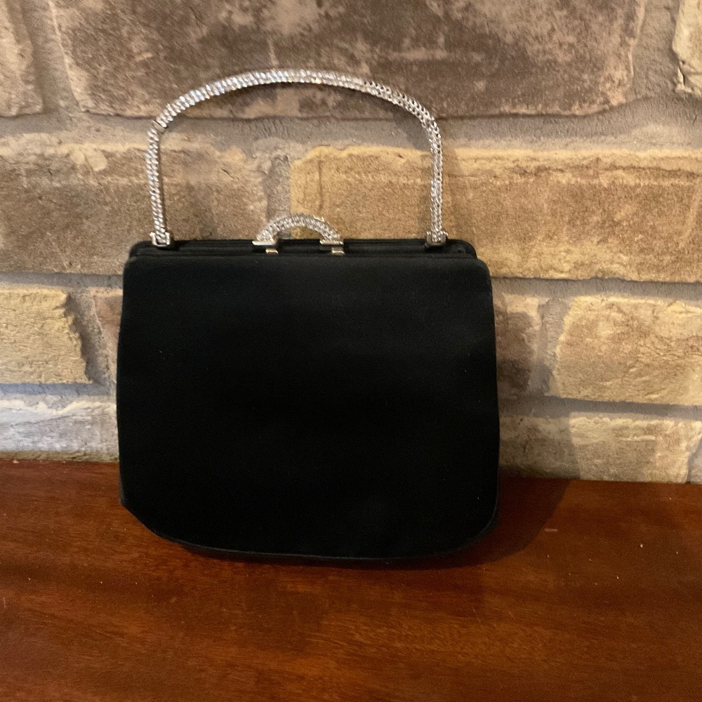 Vintage Judith Leiber Black Satin Evening Bag With Crystal Handles.